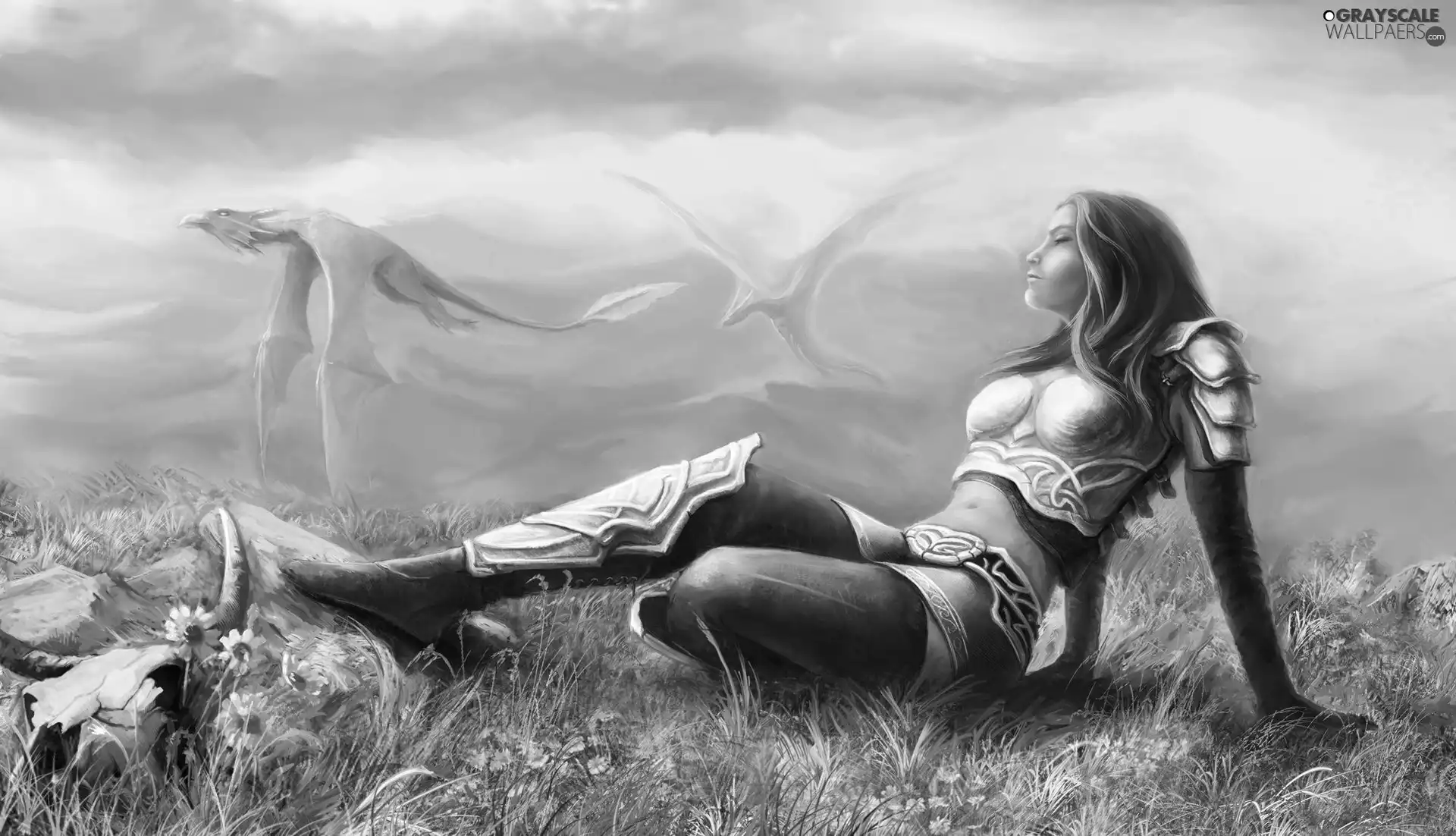 girl, grass, Stones, Armor