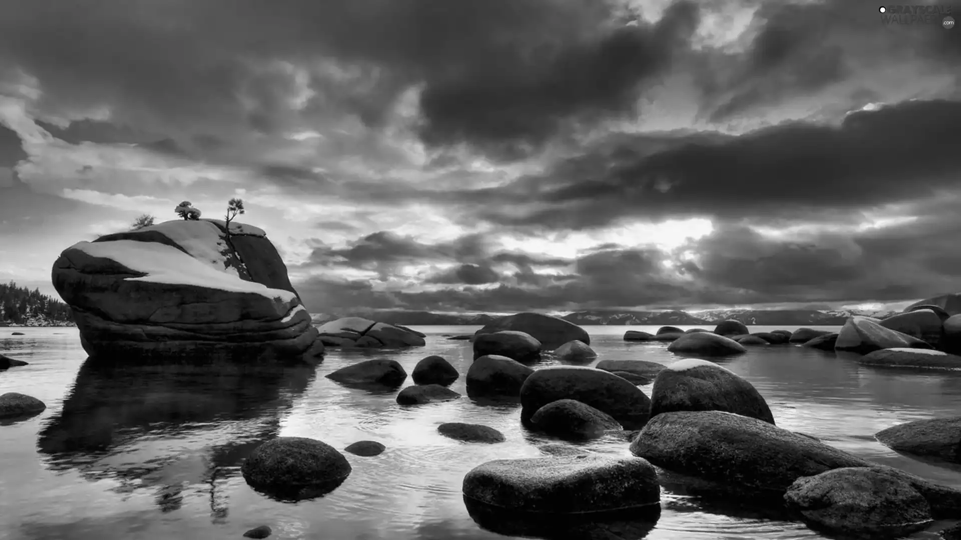 west, lake, Stones, sun