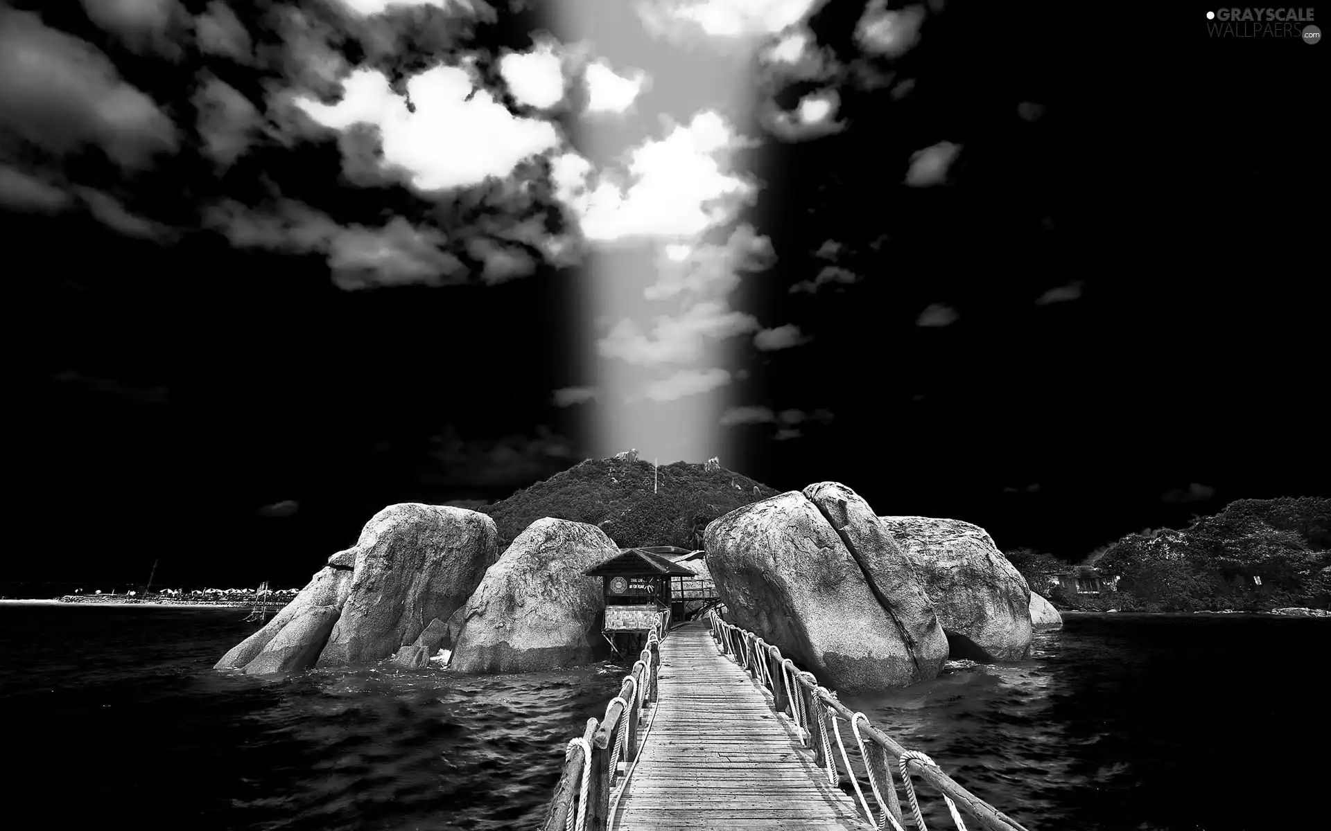 ligh, sun, clouds, flash, dark, bridges, rocks, luminosity