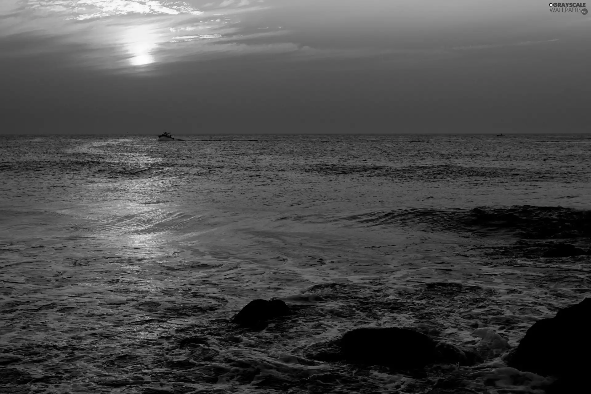 sea, west, sun, Stones