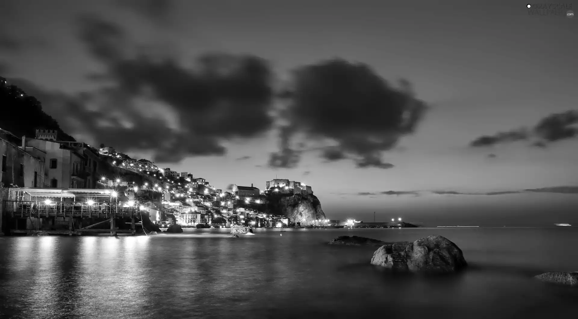 sea, illuminated, Town, Hill