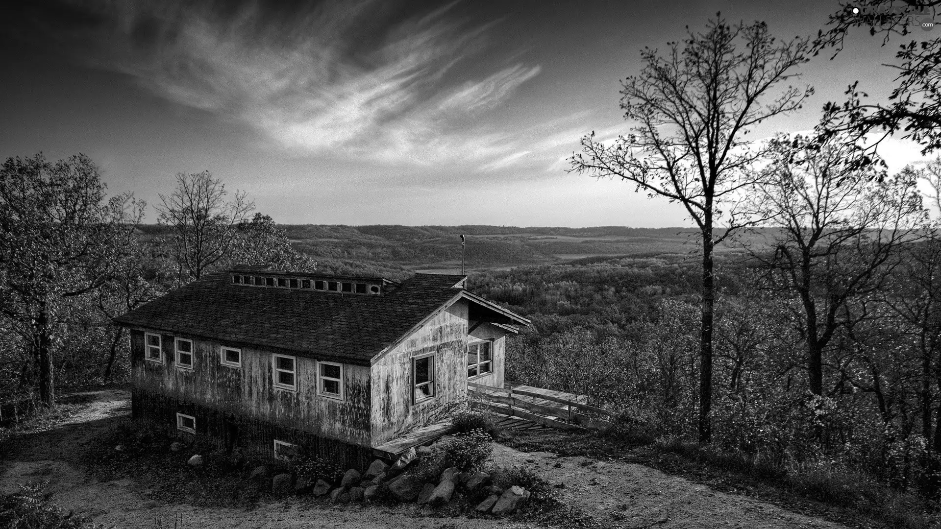 trees, viewes, house, Stones, Old car