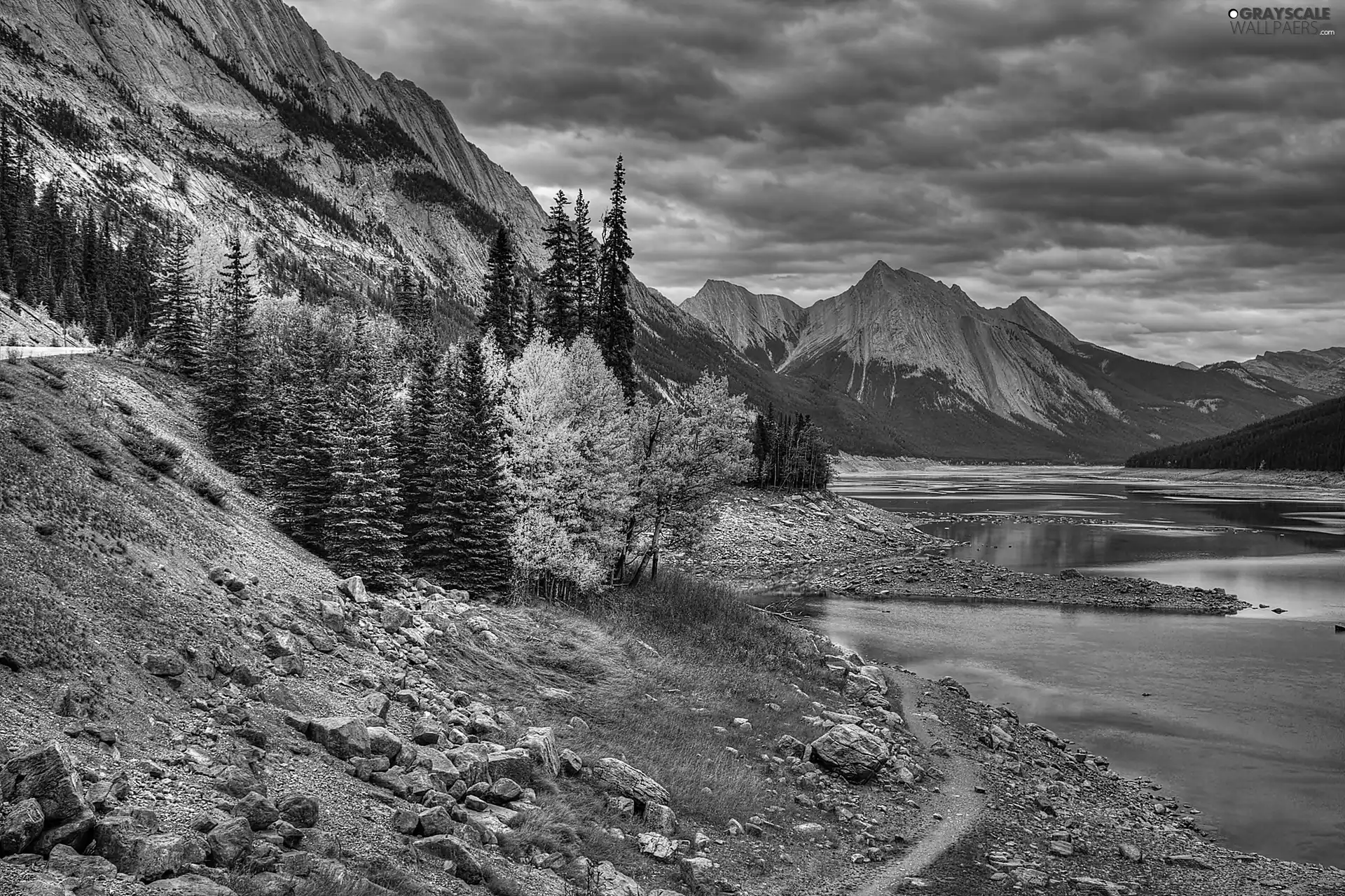 River, autumn, trees, viewes, Stones, Mountains