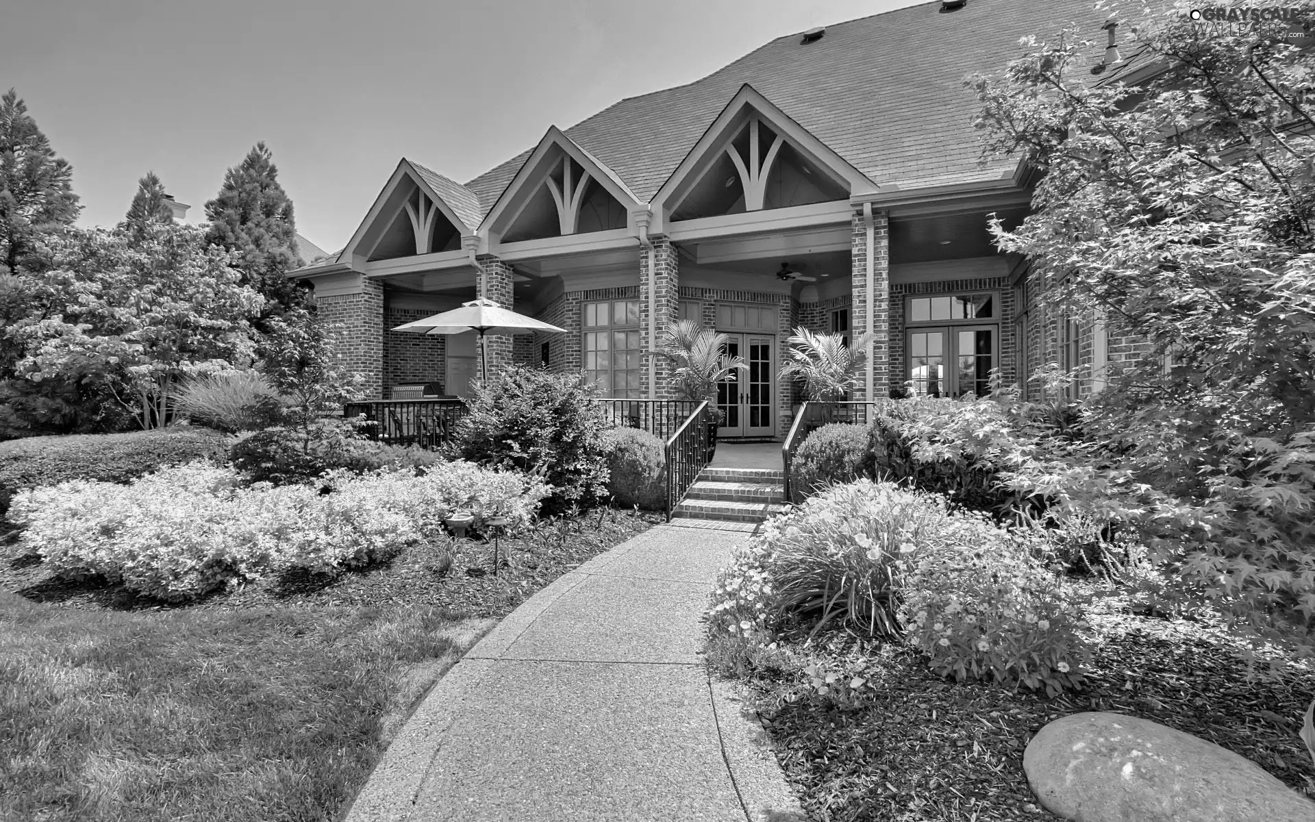 house, Flowers, Umbrella, Garden