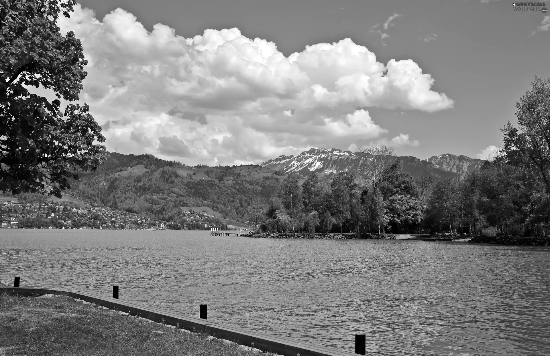 viewes, Houses, Mountains, trees, lake