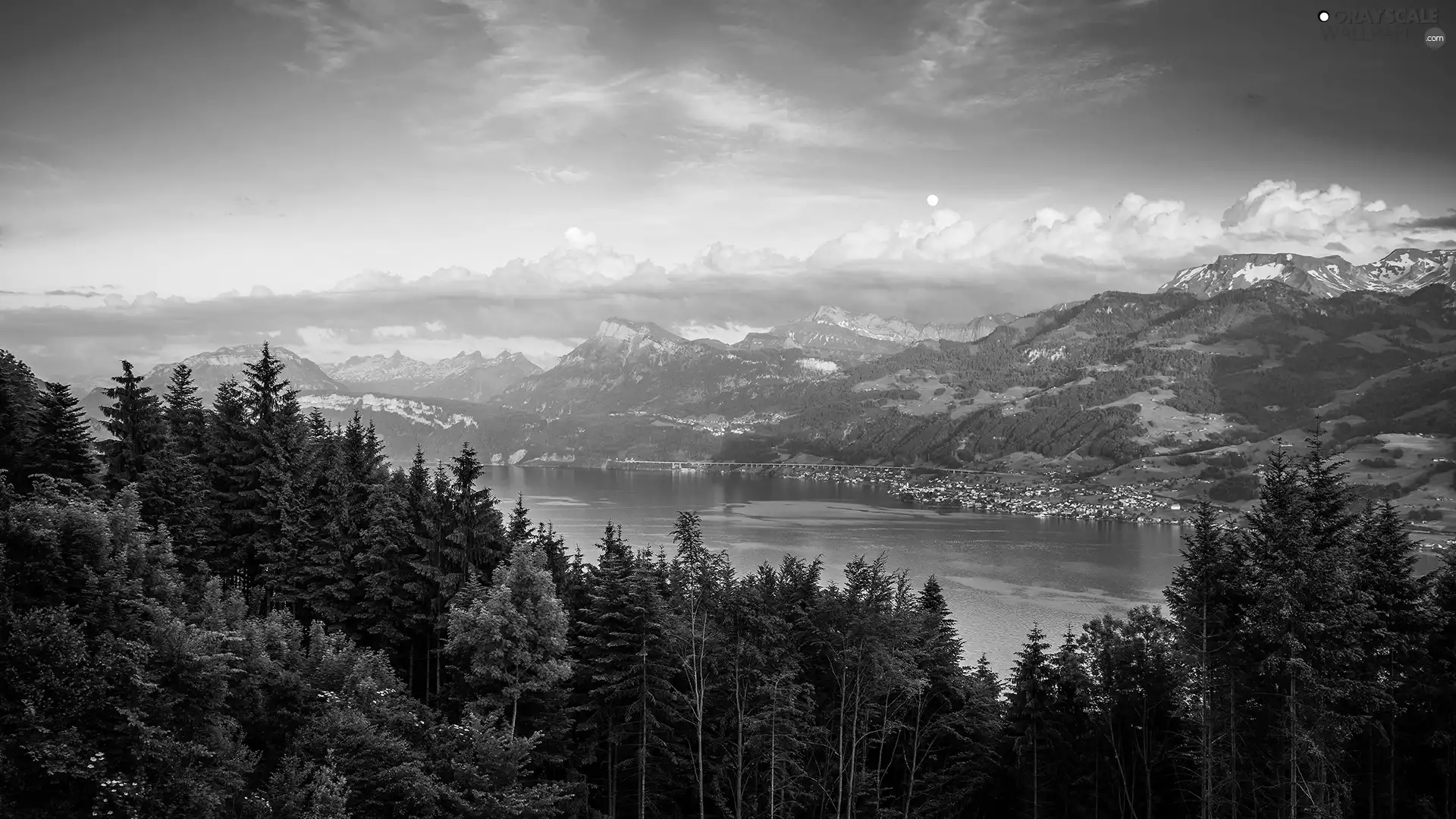 lake, trees, viewes, Mountains