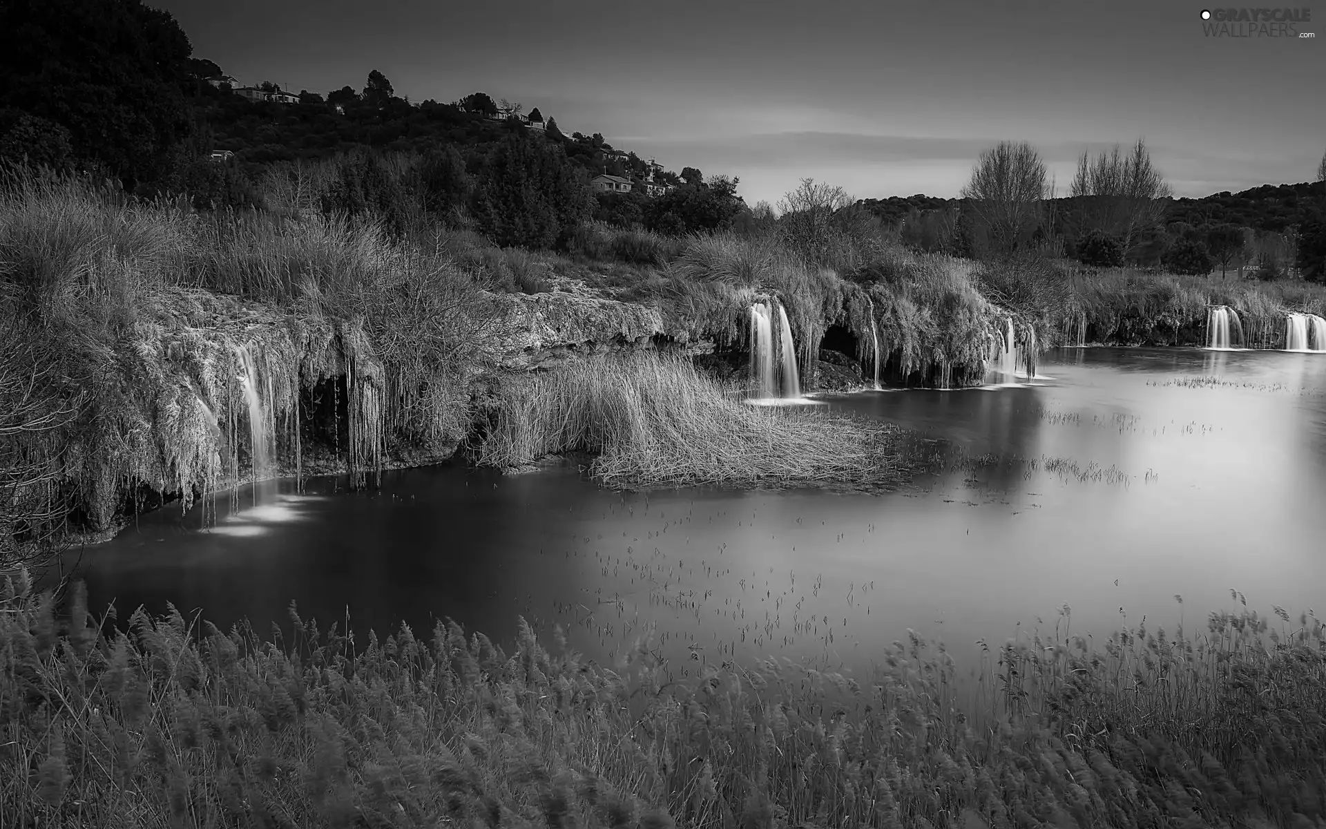 trees, lake, grass, Houses, Hill, viewes, waterfalls