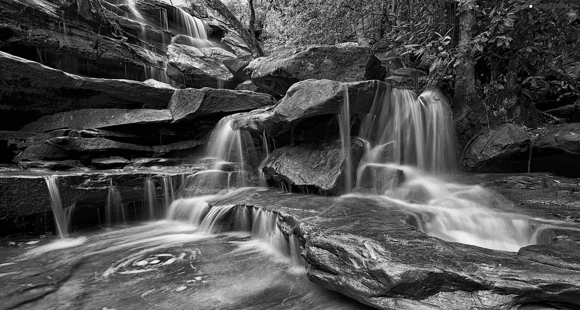 waterfall, forest, rocks