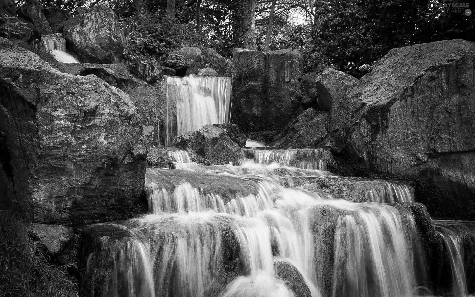 waterfall, forest, rocks