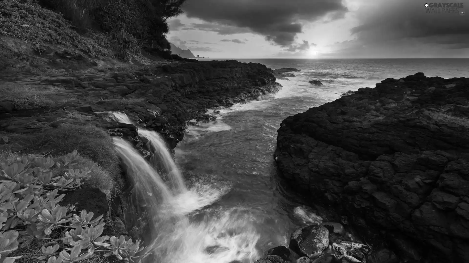 waterfall, rocks, sun, sea, west