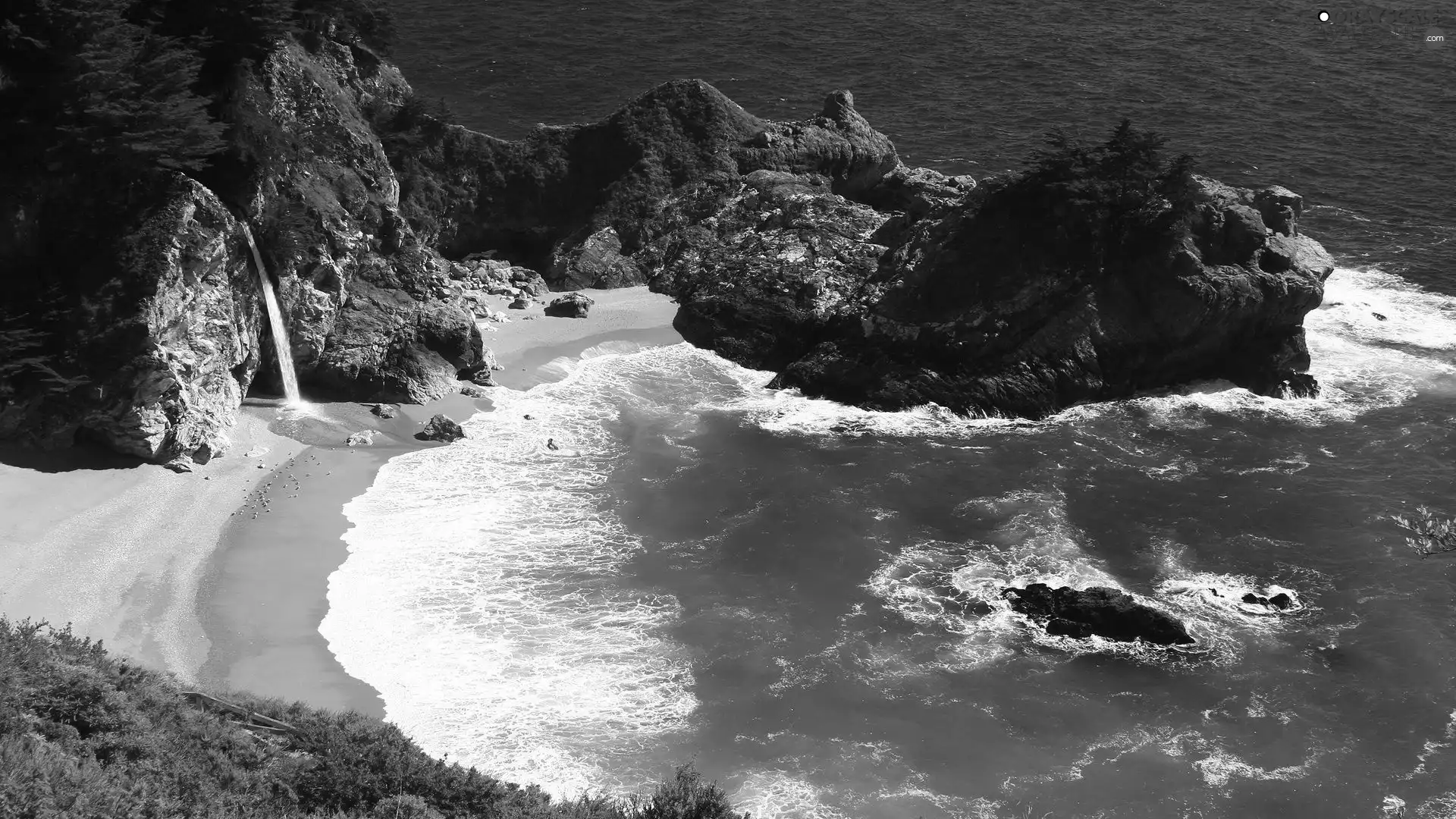 sea, Mountains, waterfall, Gulf