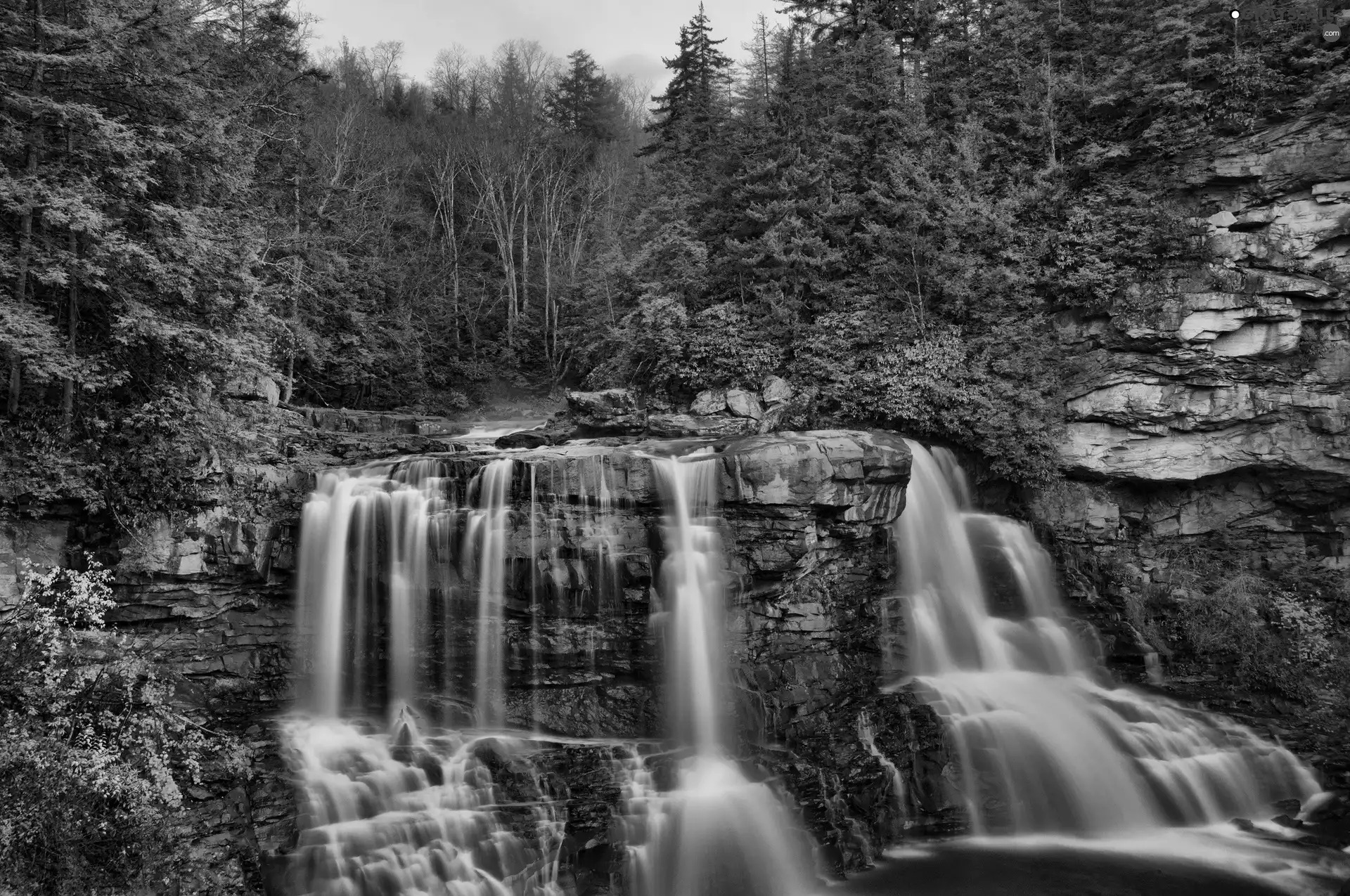 waterfalls, forest, rocks