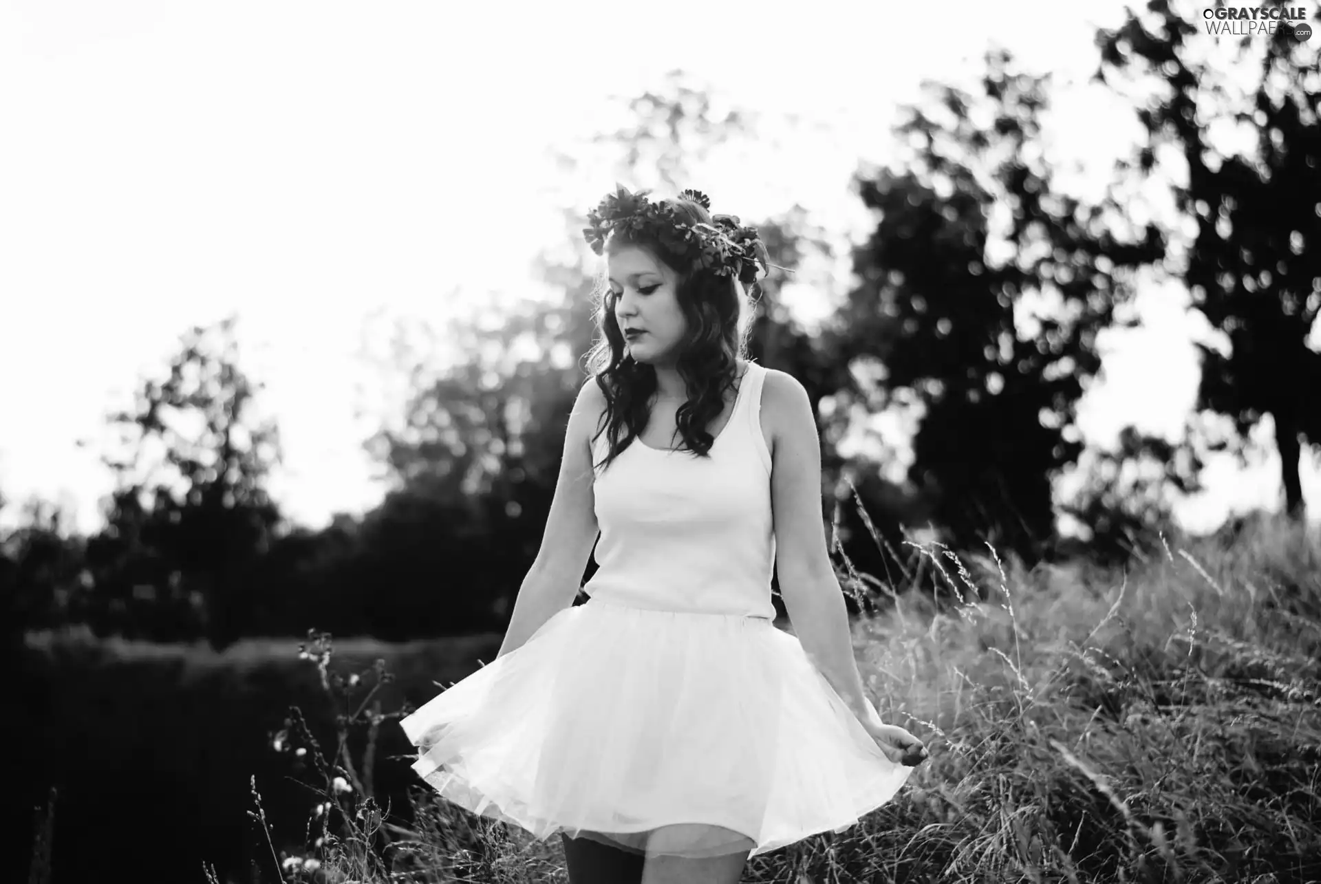 White, dress, Ginger, wreath, Women