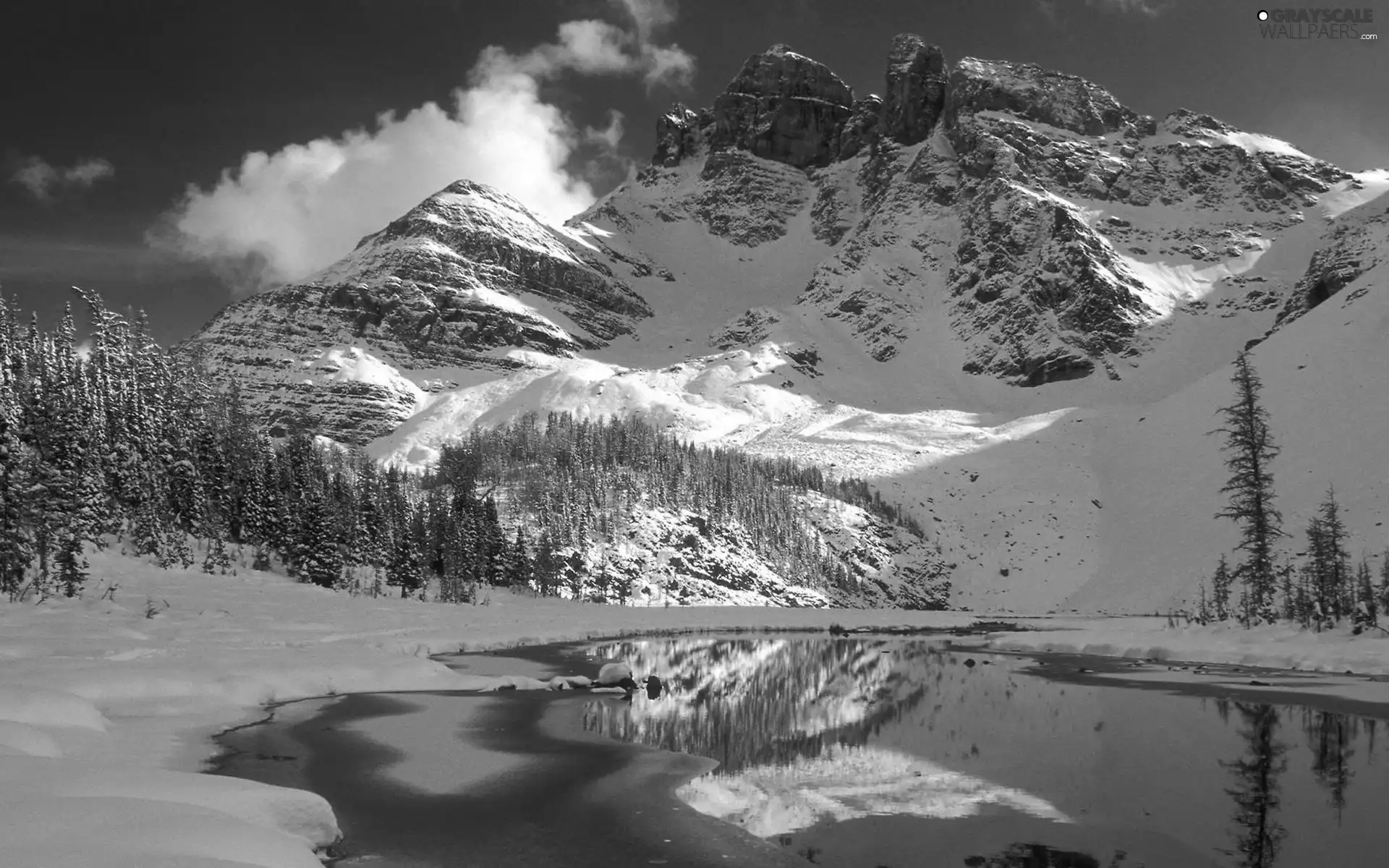 Mountains, River, winter, woods