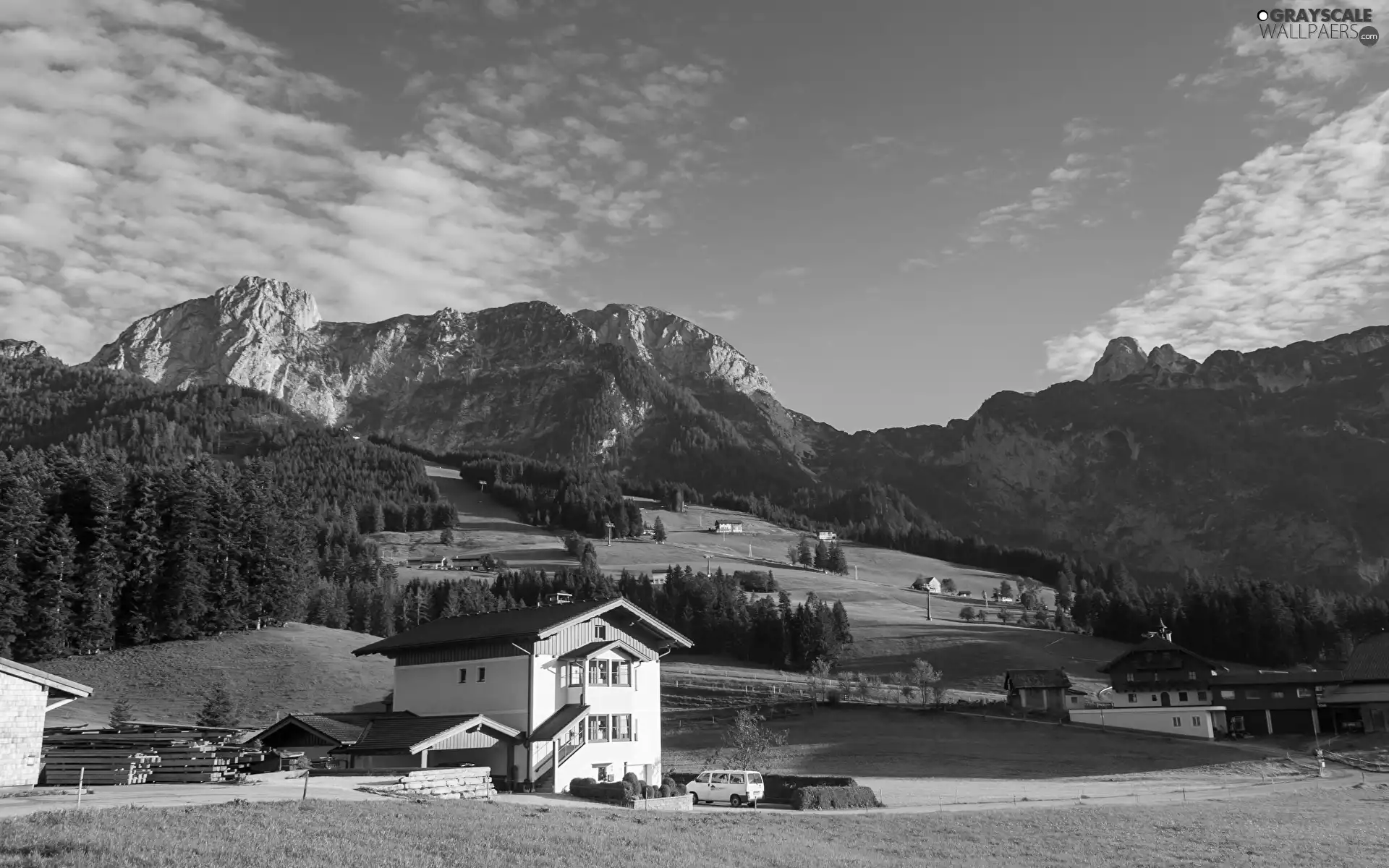 Mountains, medows, Houses, woods